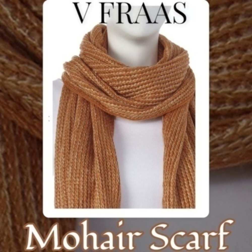 V FRAAS Soft Mohair Blend Fringed 14” x 88”Scarf/Neck Wrap-Tan Brick NWT